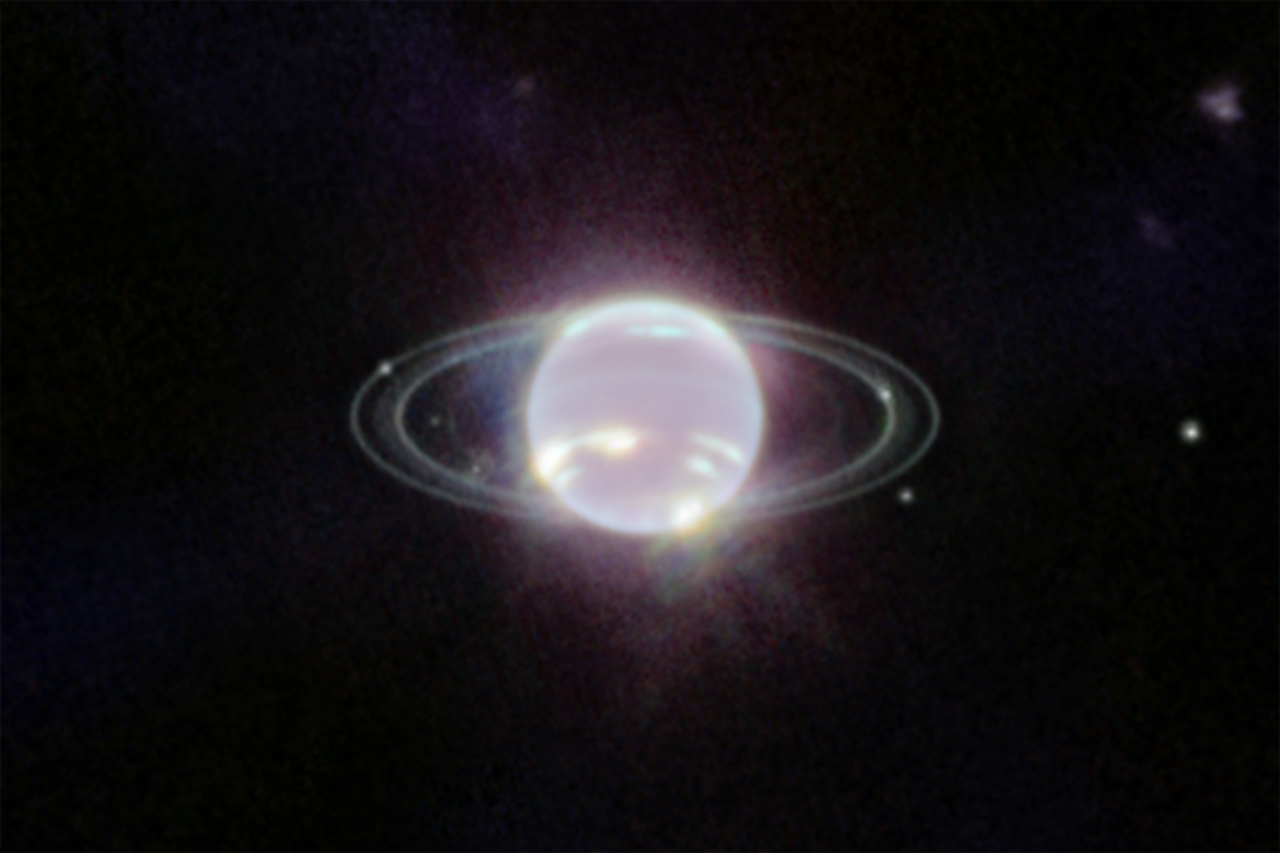 Neptune and its rings imaged by the James Webb Space Telescope's NIRCam instrument in near-infrared light