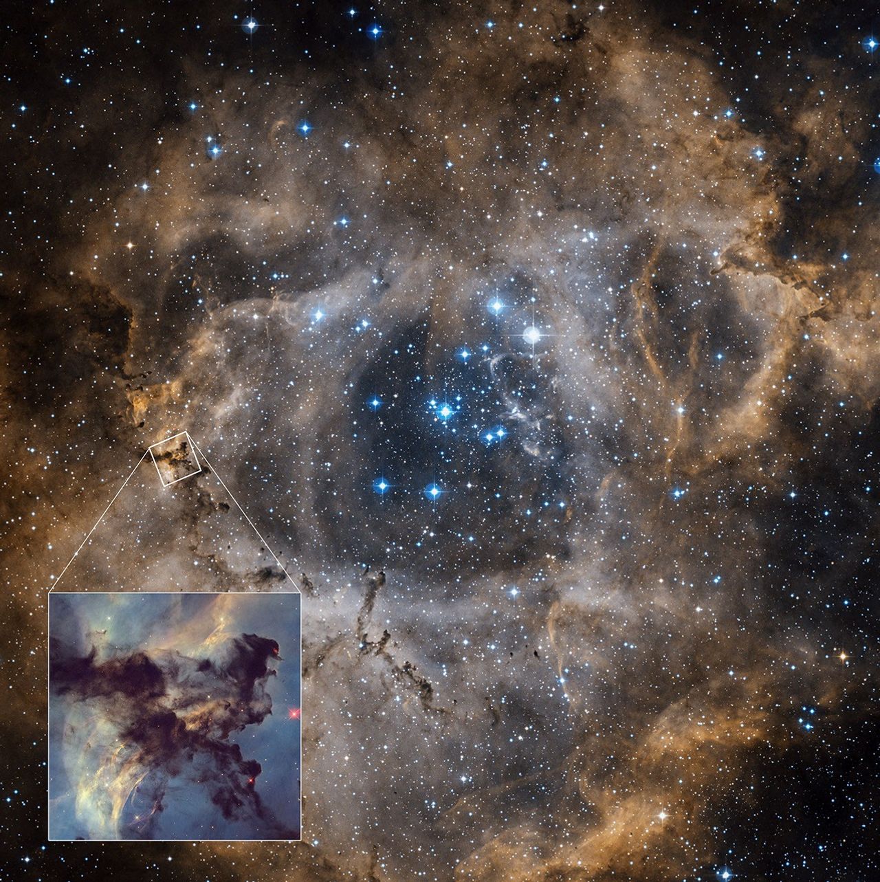 The Rosette Nebula, a wide-field emission nebula in Monoceros, imaged by NASA's Hubble Space Telescope and the Digitized Sky Survey