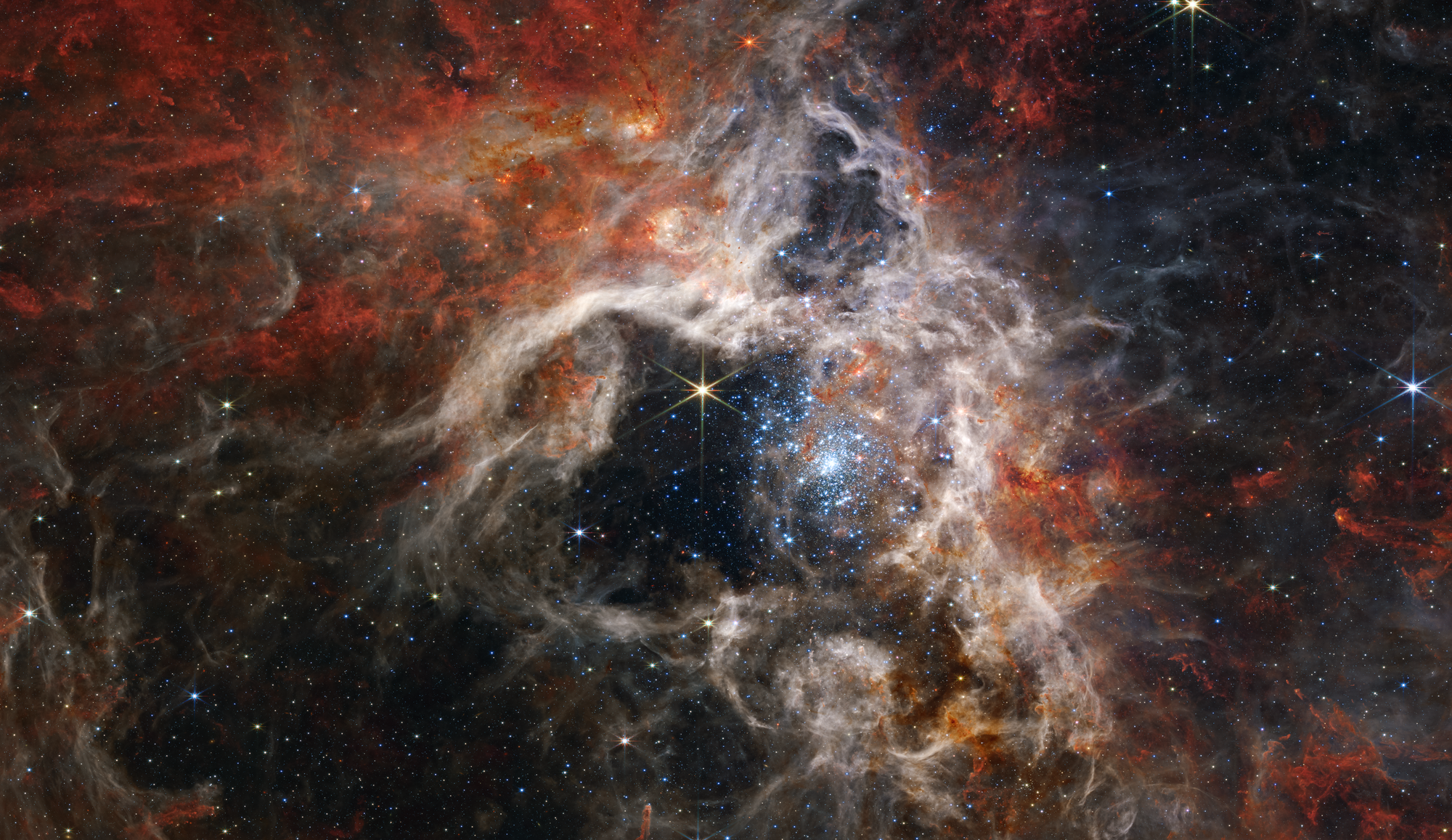 The Tarantula Nebula (30 Doradus) imaged by NASA's James Webb Space Telescope as a mosaic 340 light-years across